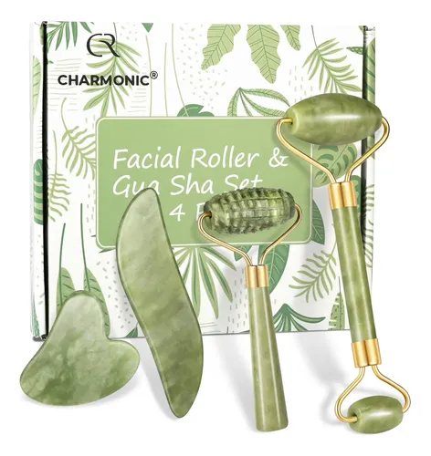 Set Masajeador Facial Jade Roller Y Gua Sha 4 Unidades Verde