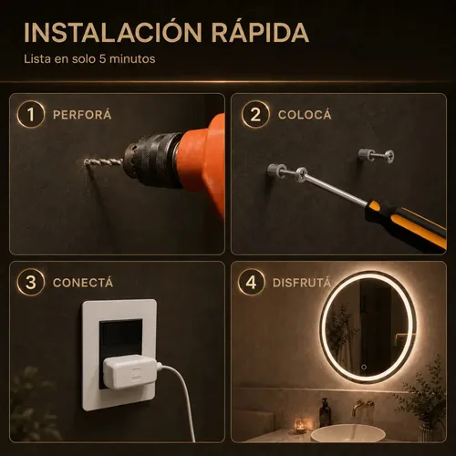 Espejo Inteligente Redondo Luz Led 60cm Sensor Presencia Dec Luz Cálida