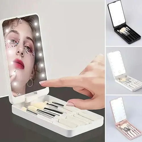Espejo Led De Maquillaje Portátil Viajero + Brochas Hzj-642 Rosa