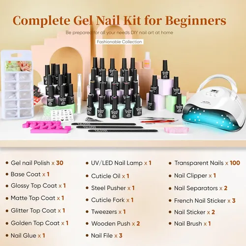 Kit Gel Uñas 30 Colores Uv Tips Almendra Base Top Coat