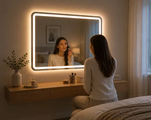 Espejo Led 60x80cm Botón Frontal Luz Calida Rectangular Baño
