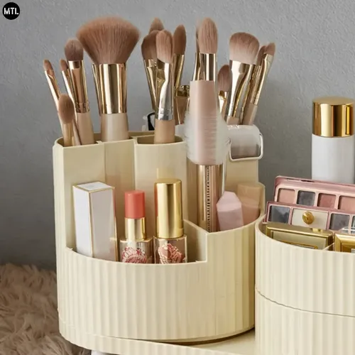 Organizador Maquillaje Brochas Giratorio Mtl Varios Compartimentos Divisorios Pet Abs Estructura Resistente Diseño Moderno Cosmeticos Perfume Skincare Tocador Orden Belleza