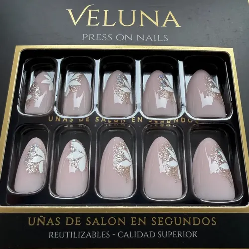 Uñas Postizas Press On Nails Veluna Reutilizables Diseños Variados – Nude Blossom Gold