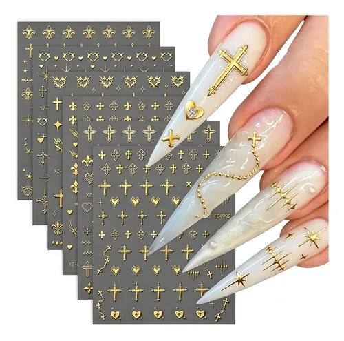 Stickers Uñas 3d Dorados Cruz Estrella Luna X6