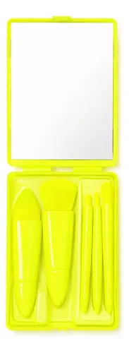 Set Mini Brochas X5 Maquillaje Estuche Skora Espejo Portatil Amarillo Fluo