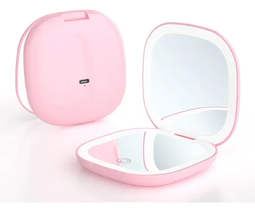 Espejo De Maquillaje De Viaje Recargable Con Led De Doble Cara, Color Rosa