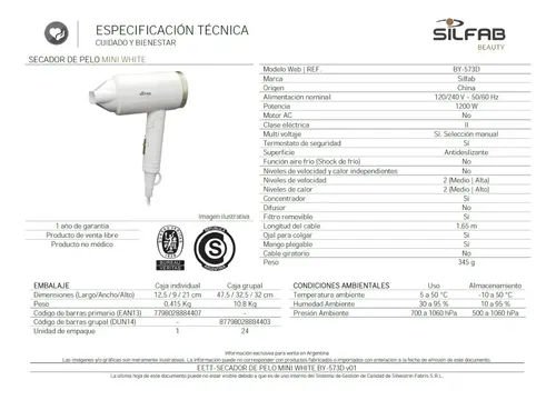 Secador De Pelo Mini White Dual Silfab By-573d