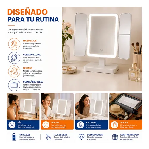 Espejo De Maquillaje Con Luz Led Táctil Blanco Con Aumento