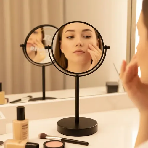 Espejo de Mesada Redondo para Maquillaje, Negro Mate con Aumento 5x