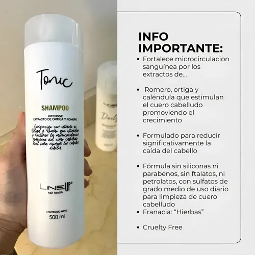 Shampoo Fortalecimiento Anticaída del Cabello Tonic Intensive con Ortiga y Romero que activan la Microcirculación Sanguínea, producto profesional, Botella x 500Mls Line Up