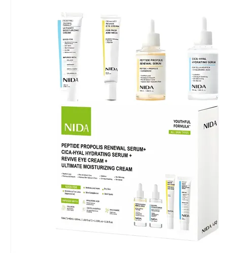 Rutina Facial Nida 4 Piezas Sérum Ojos + 2 Sérums + Crema