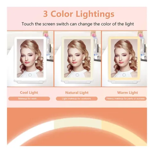 Adespejo De Maquillaje Espejo Cosmético Portátil Con 3 Luces