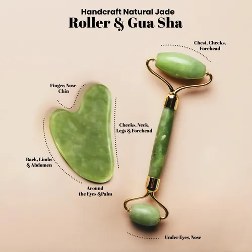 Set Masajeador Facial Rodillo Jade Y Gua Sha Roselyn