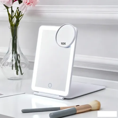 Espejo De Maquillaje Led Plegable Con 3 Colores De Luz Y Lup