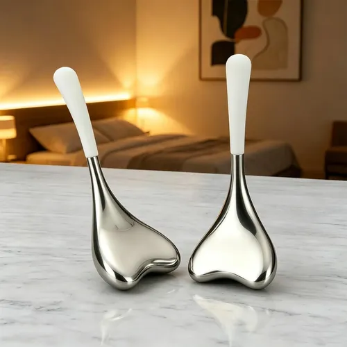 Set 2 Gua Sha Y Rodillos Fríos Acero Inoxidable Facial