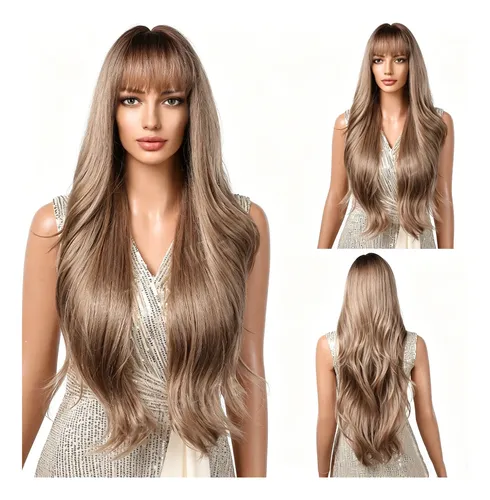 Peluca Transpirable Con Flequillo Recto Y Ondas Grandes Gold M