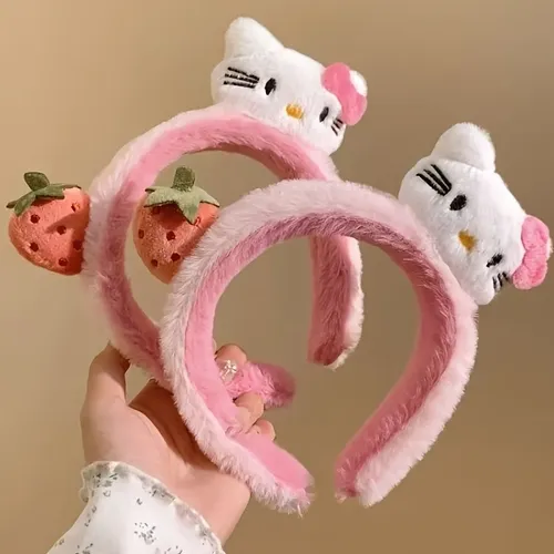 Diadema Alta De Gatito Adorable Con Fresa  Rosa Y Blanco