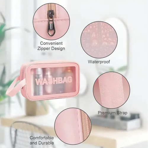 Neceser de 3 Carmela Transparente Rosa para Maquillaje y Artículos de Aseo