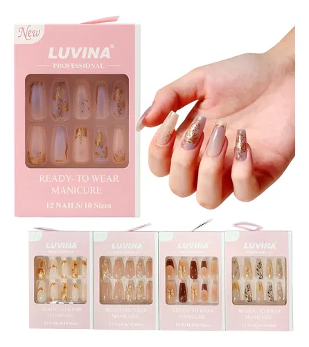 Kit 12 Uñas Postizas Press On Con Adhesivos Nails Luvina Dl35-07