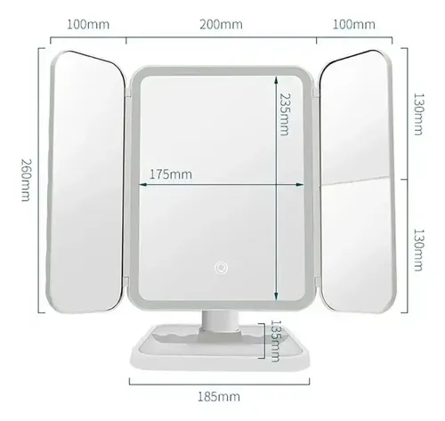 Espejo Maquillaje Led Ajustable Recargable Tactil Triptico