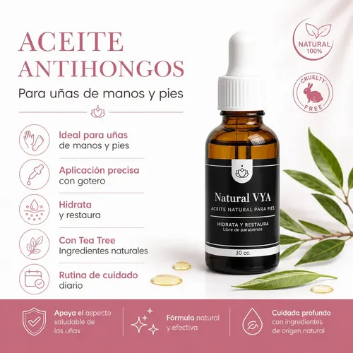 Aceite para hongos de Uñas de los Pies y Manos 30ml. Natural Vya Antimicotico Accion Terapeutica Rapida Accion Aceite de Ricino Arbol de Té