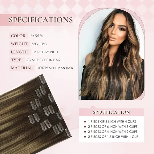 Extensiones De Cabello Humano Real 40cm 7pcs 75g #4/27/4
