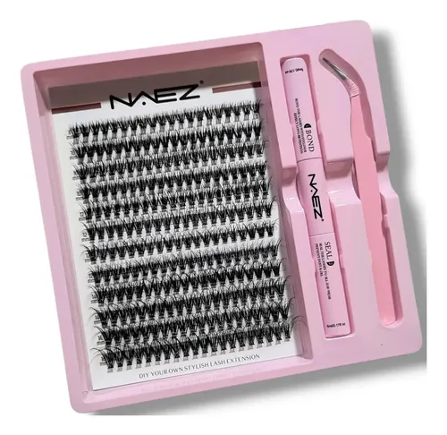 Pestañas Clúster Postizas Con Kit De Aplicación Naez Lash Negro Blast 40d 0.07 Largos Mix