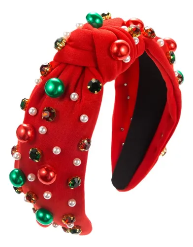 Diadema De Navidad Roja Ancha Con Perlas Y Rhinestones