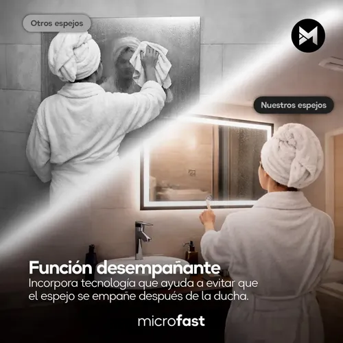 Espejo Luz Led Touch/Táctil Inteligente Baño Premium Desempañante Fría/Cálida/Neutra Rectangular Horizontal Moderno 80x60cm Esmerilado Regulación de Brillo