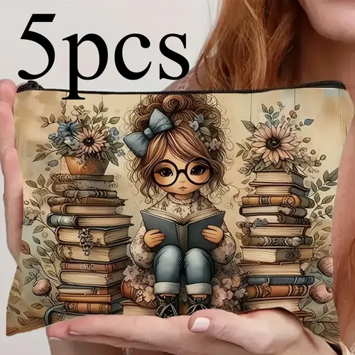 Bolsa De Cosméticos Portátil Con Cremallera Plegable Con Est 1 Book Lover Print With Floral Elements