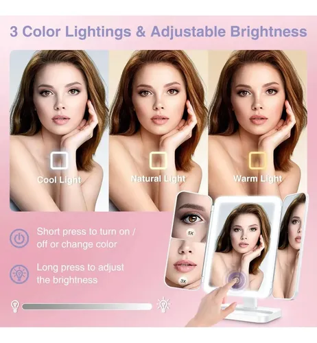 Espejo Maquillaje Tocador Luz Led C/ Aumento Usb Marco Blanco