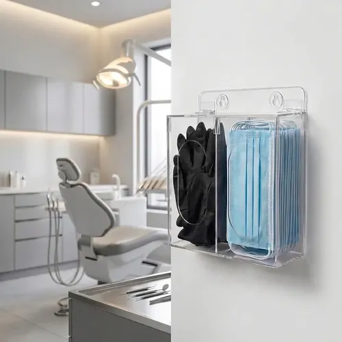 A Dispensador Acrílico Doble Guantes Cofias Cubrebocas For