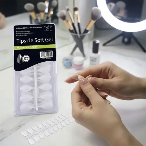Uñas Soft Gel 500u Flexibles Almendra Corta Transparente
