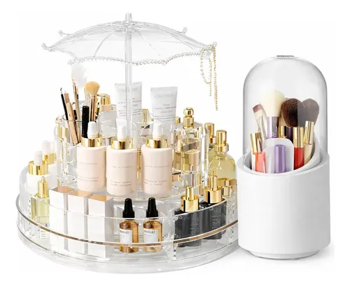 Set Organizador De Maquillaje 360 Y Porta Brochas Blanco