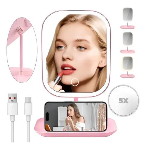 Espejo For Maquillaje Con Luz Recargable Usb Lupa 5 Veces