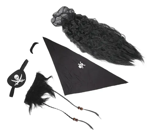 Set De Peluca Con Barba Falsa Y Bigote De Pirata Negro