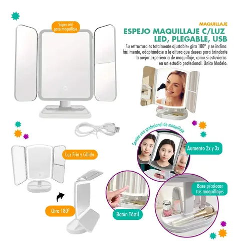 Espejo De Maquillaje Pantalla Táctil Luz Led Giratorio 180