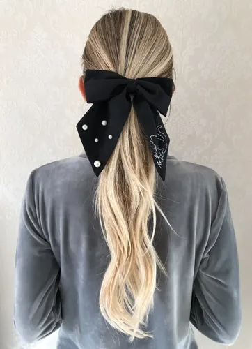 Moño Accesorio Pelo Hebilla Negro Perlas Y Gatito Bordado