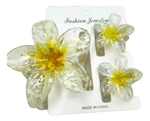 Set De 3 Broches Hebillas Flores Hawaianas Accesorio Cabello