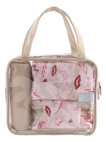 X4 Neceser Oreiro Love Transparente Pvc Viaje Maquillaje Beige Estampado