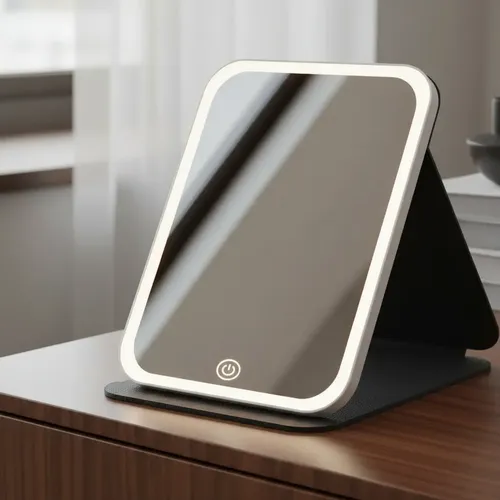 Espejo Con Luz Led Touch Suono Negro Soporte Plegable Blanco