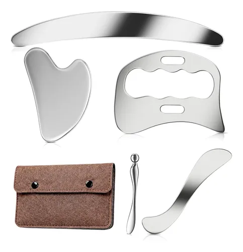 Kit 5 Herramientas Gua Sha Metal Marrón Para Masajes
