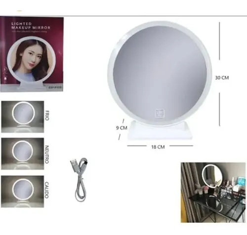 Espejo Maquillaje 30 Cm Táctil Luz Led 3 Colores Bateria Usb