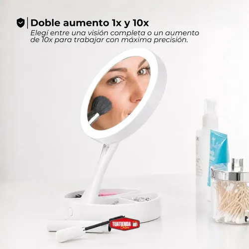 Espejo Aumento Doble Con Luz Led Fría Maquillaje Plegable Usb Pilas