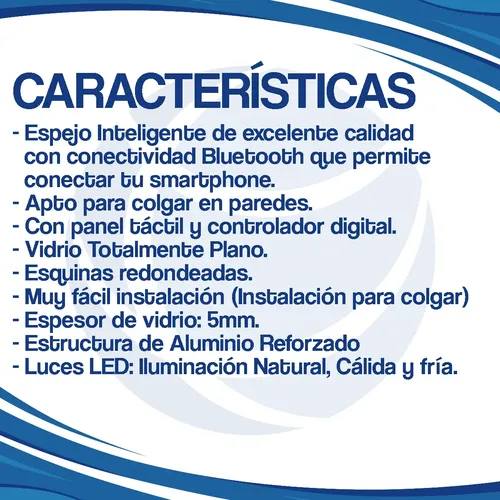 Espejo Rectangular Led Parlante Bluetooth Desempañador 90×70