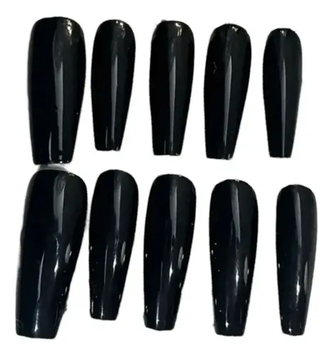 Uñas Postizas Press On Autoadhesiva Set Completo Negro Larga