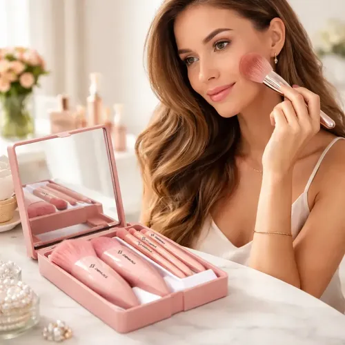 Set X5 Brochas Y Pinceles Maquillaje Profesional Sintéticos Con Estuche Espejo Rosa Dehuka