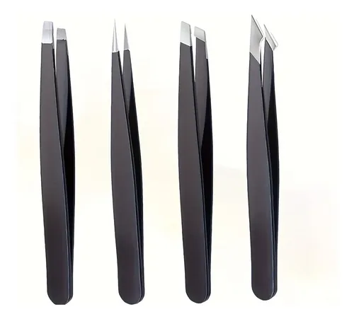 Set X4 Pinzas De Depilar Punta Recta Curva Y Biselada 4pcs Lisa
