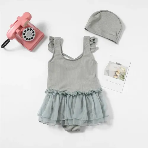 Elegante Traje De Baño De Una Pieza Para Niñas Con Gorro De