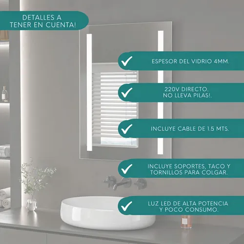 Espejo Digital Kitchen West Luz LED Táctil 70x50cm Rectangular Baño Pared